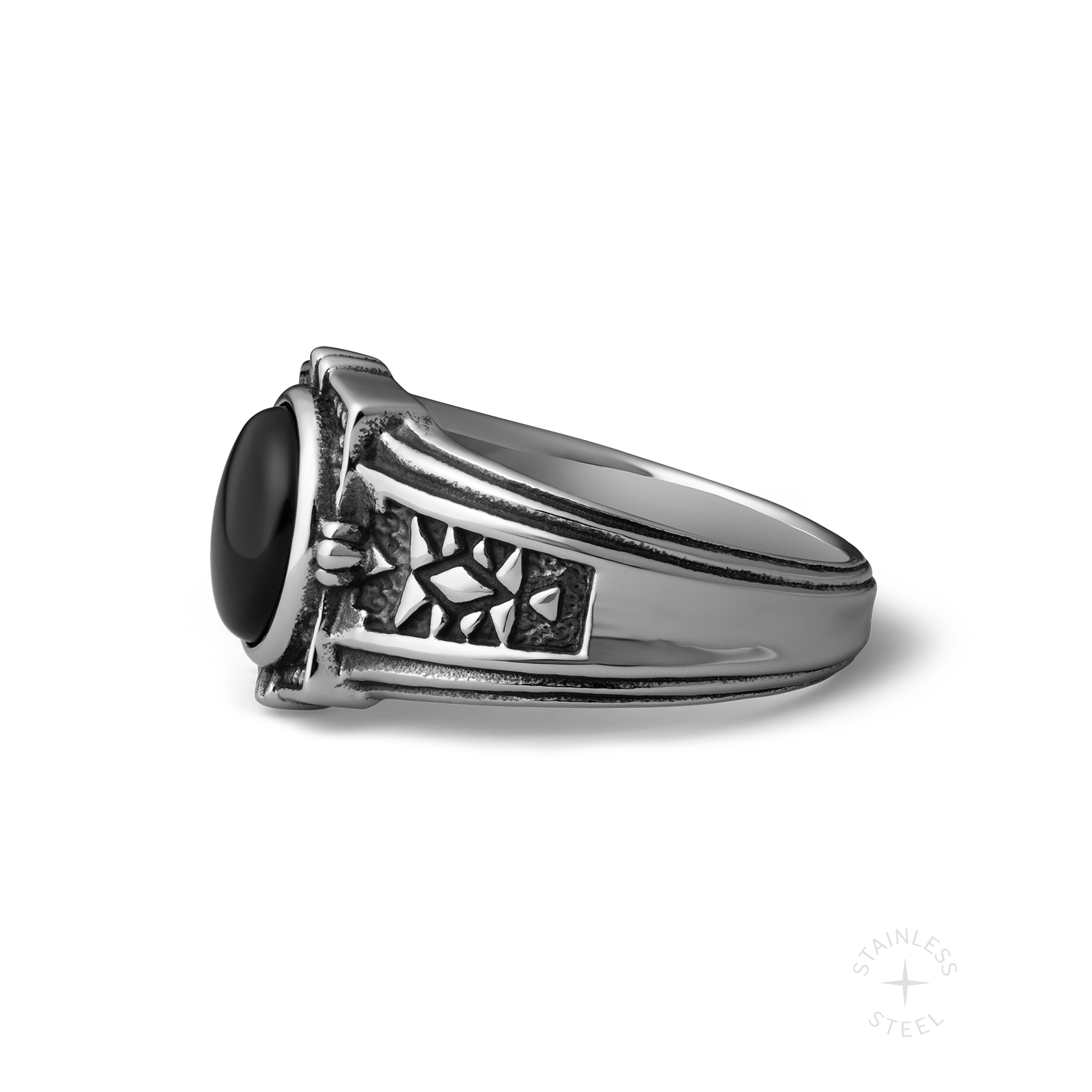 Crossroads stainless steel and onyx ring - off figure
