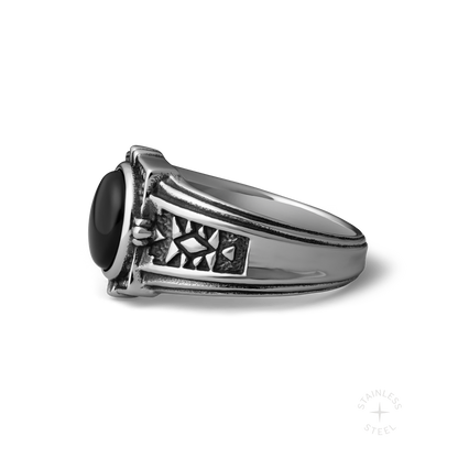 Crossroads stainless steel and onyx ring - off figure