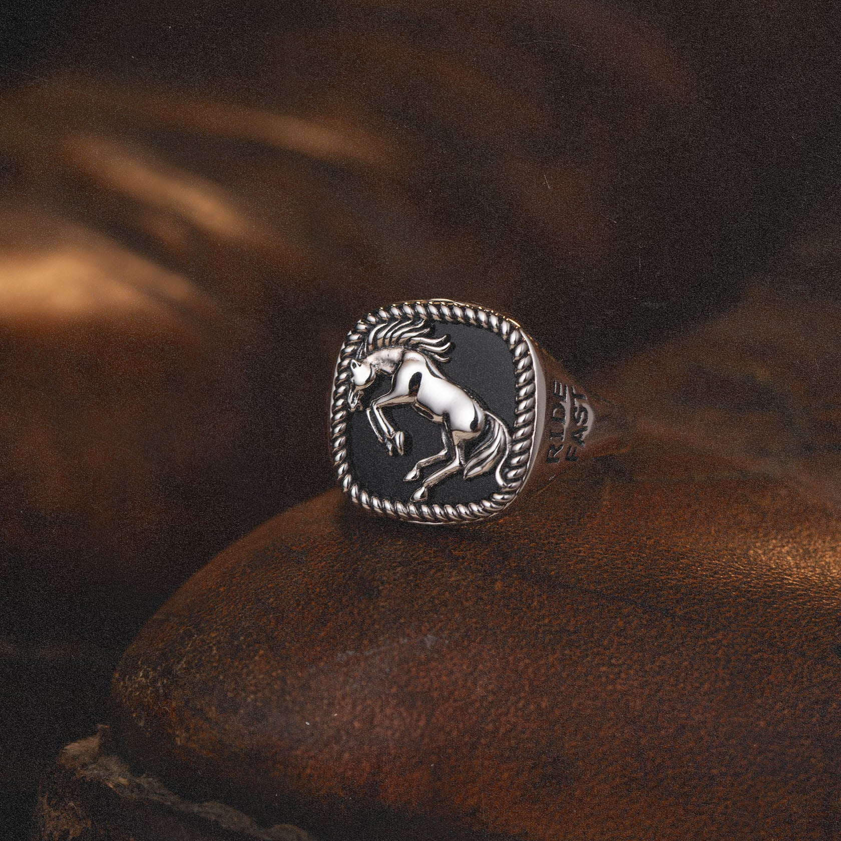 Bucking Bronco Horse Brave Heart Diamond Cross Ranch Ride Fast Sterling Silver western inspired square signet ring for men