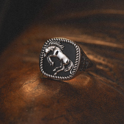 Bucking Bronco Horse Brave Heart Diamond Cross Ranch Ride Fast Sterling Silver western inspired square signet ring for men
