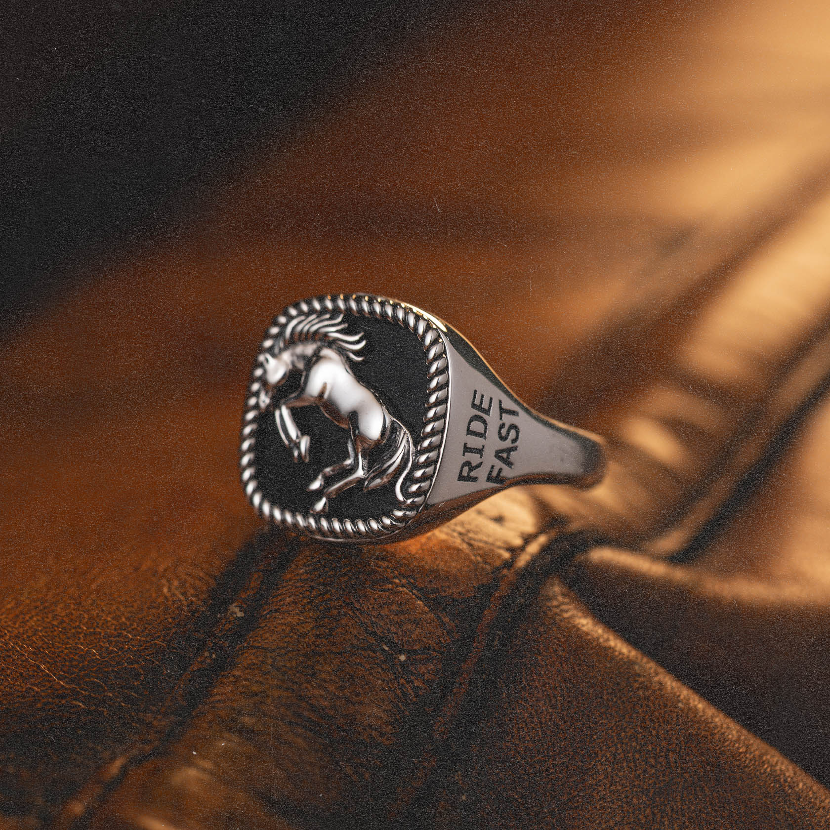 Bucking Bronco Horse Brave Heart Diamond Cross Ranch Ride Fast Sterling Silver western inspired square signet ring for men