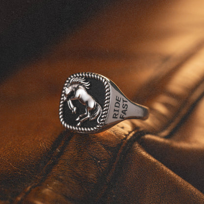 Bucking Bronco Horse Brave Heart Diamond Cross Ranch Ride Fast Sterling Silver western inspired square signet ring for men