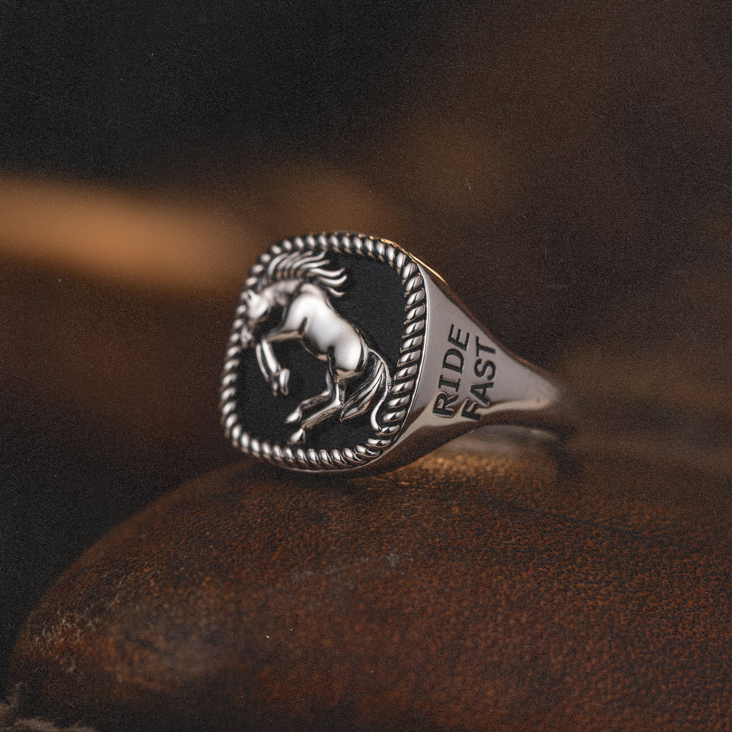 Bucking Bronco Horse Brave Heart Diamond Cross Ranch Ride Fast Sterling Silver western inspired square signet ring for men