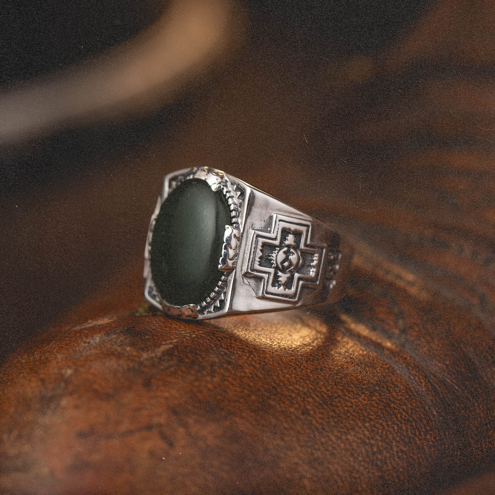 Diamond Cross Ranch sterling silver with dark green nephrite stone chunky signet ring for men