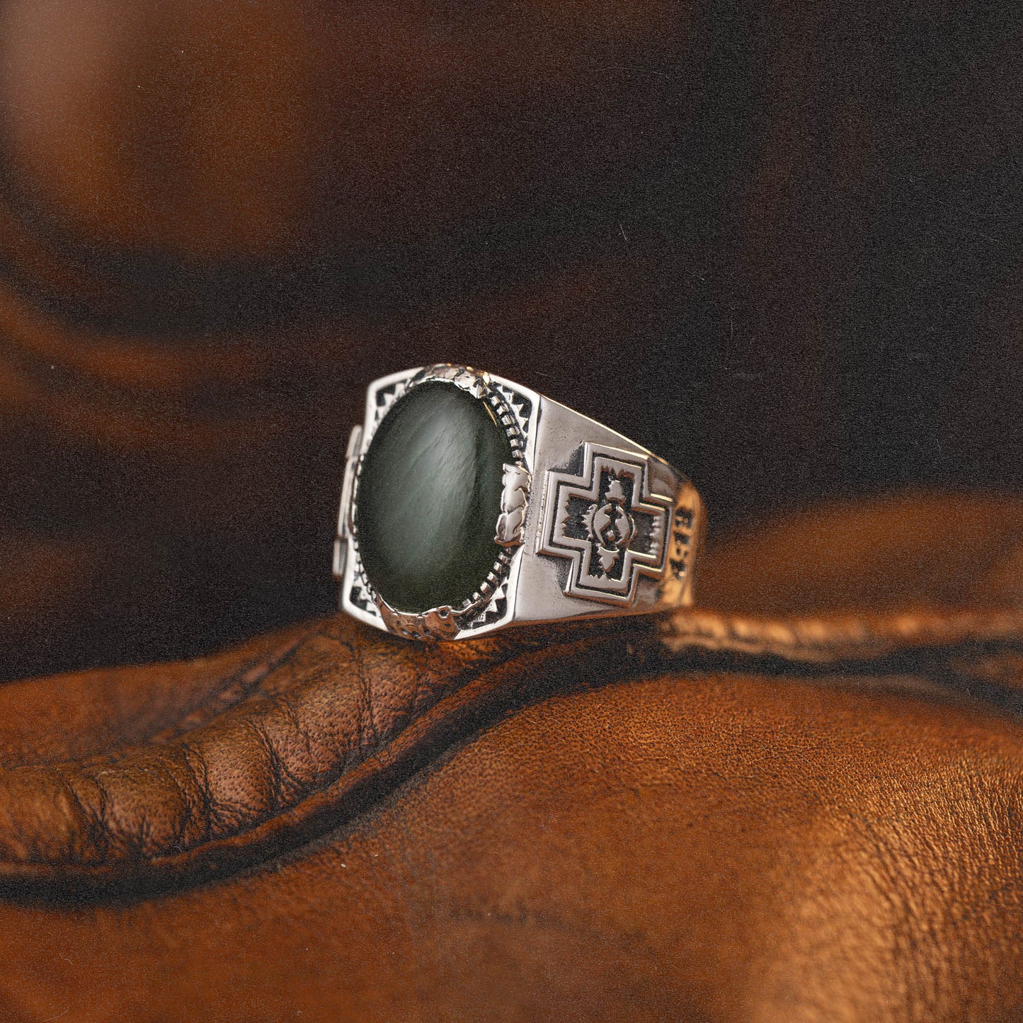 Diamond Cross Ranch sterling silver with dark green nephrite stone chunky signet ring for men