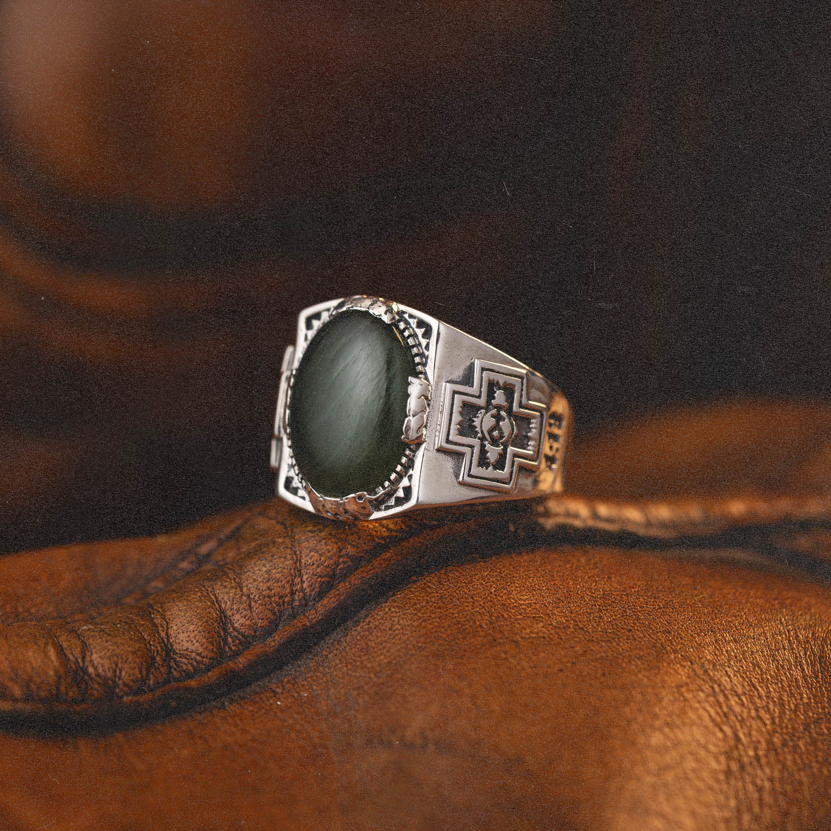 Diamond Cross Ranch sterling silver with dark green nephrite stone chunky signet ring for men