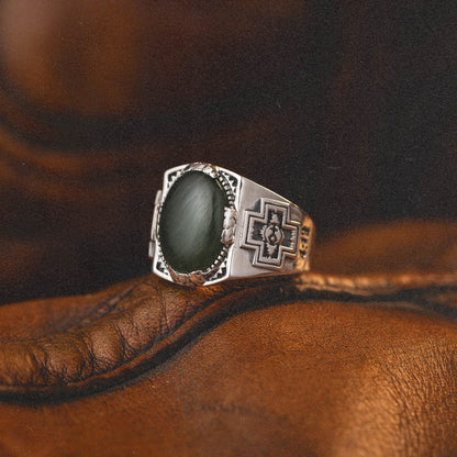 Diamond Cross Ranch sterling silver with dark green nephrite stone chunky signet ring for men