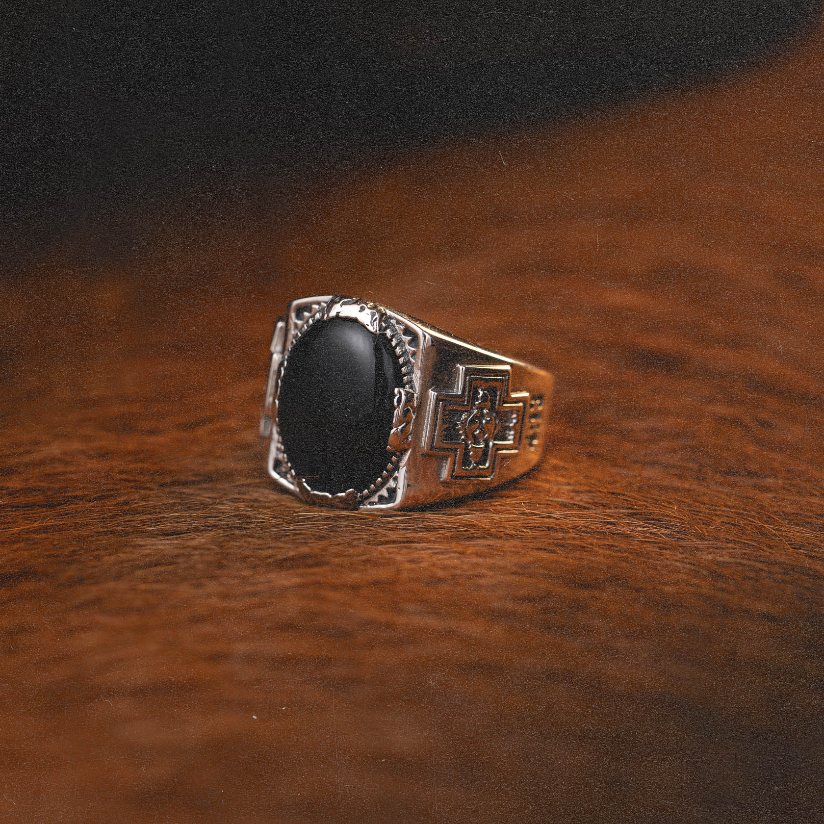 413 Diamond Cross Ranch Sterling Silver and Black Onyx Western Inspired Men's Signet Ring