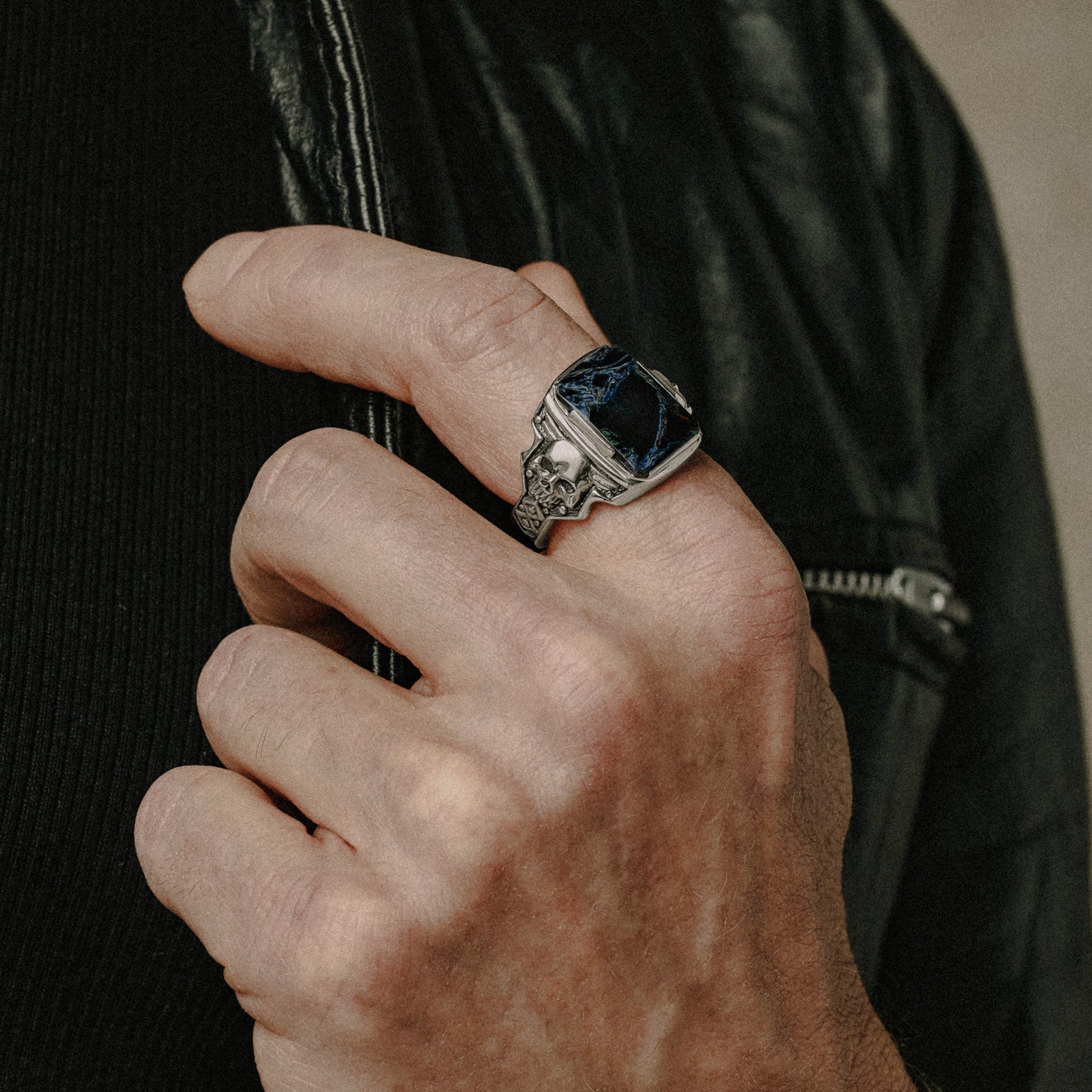 Desperado silver blue pietersite rectangle stone signet ring for men