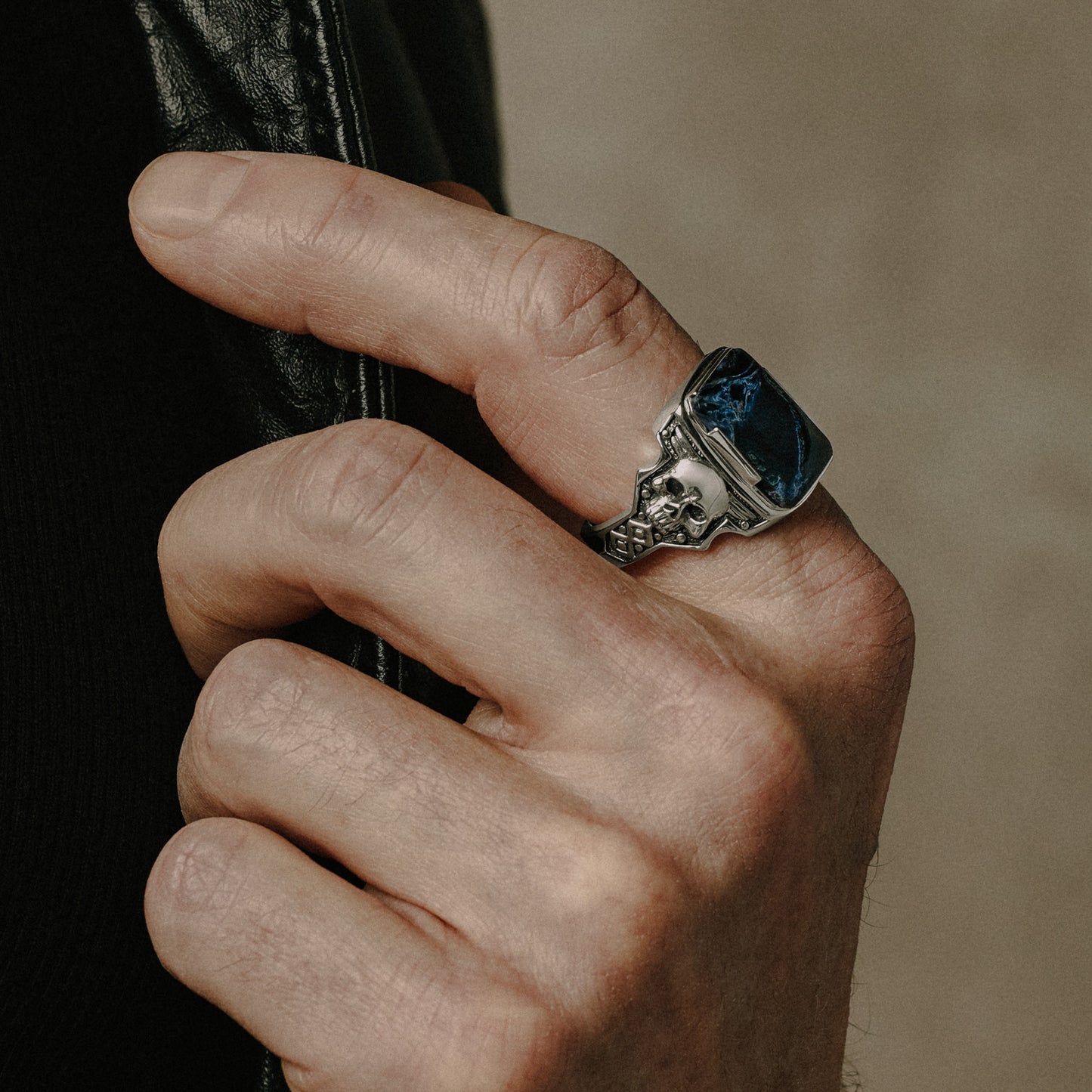 Desperado Sterling Silver Blue Pietersite Rectangular stone signet ring for men with skull 