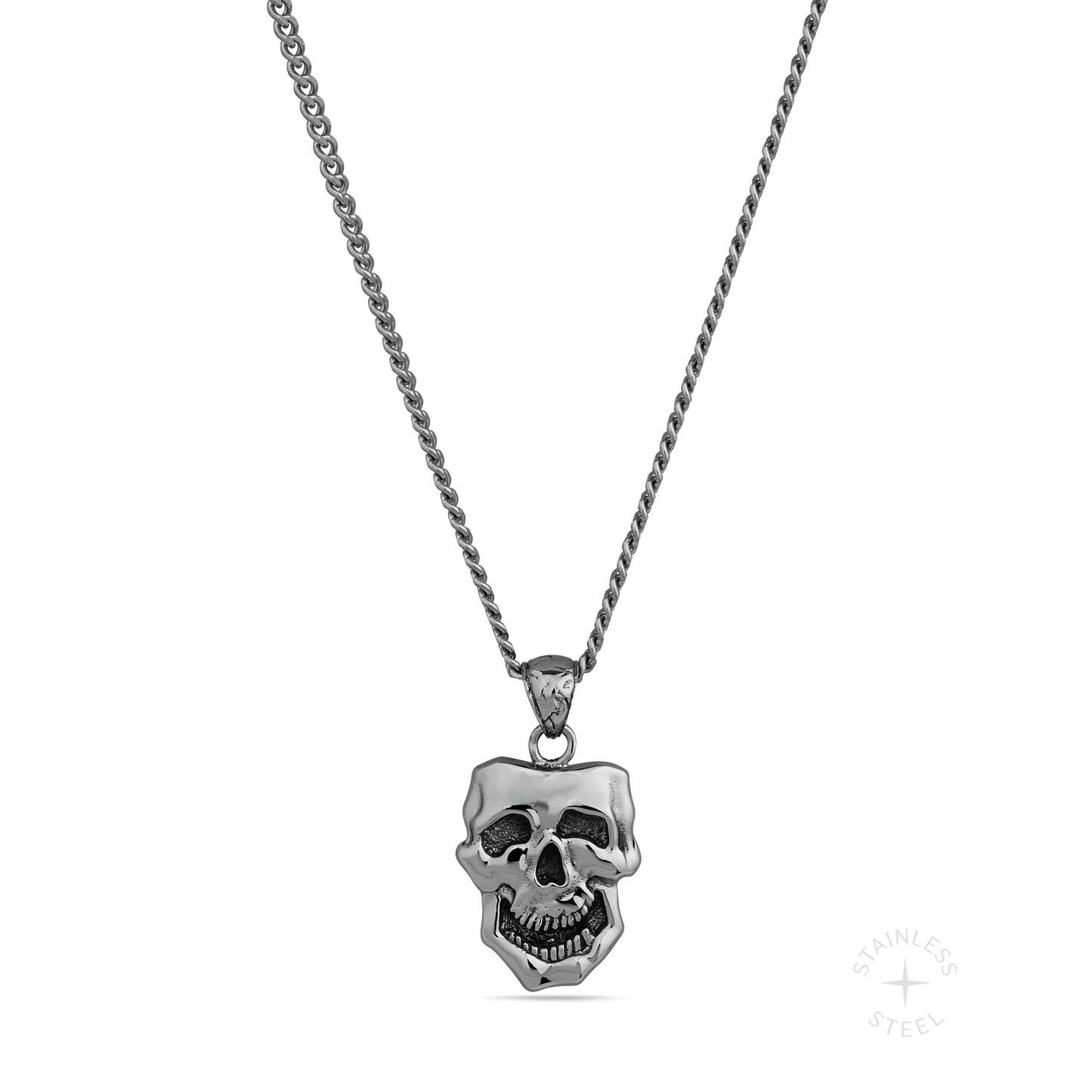 stainless steel pendant with double sided skull design inspired by comedy and tragedy masks