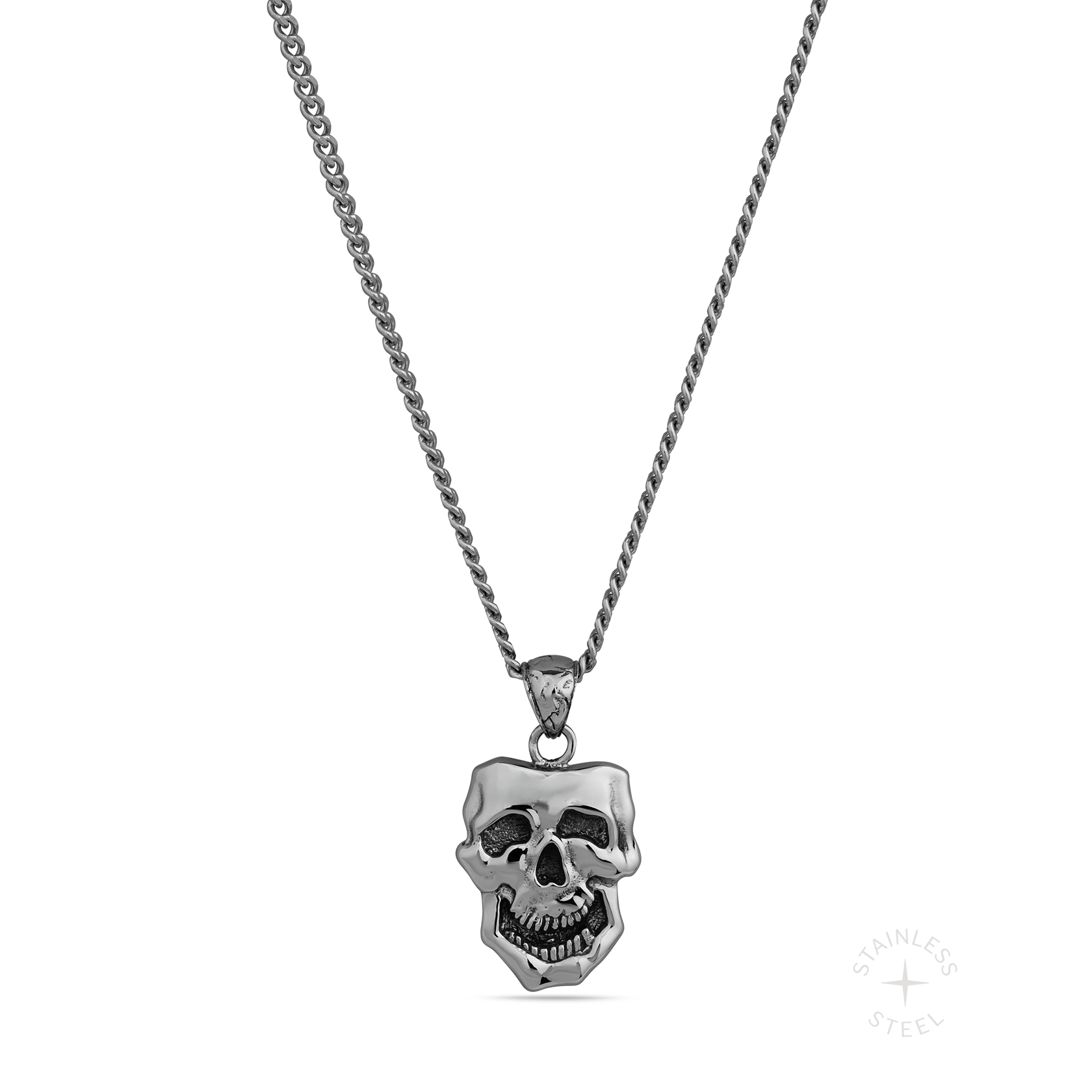 stainless steel pendant with double sided skull design inspired by comedy and tragedy masks