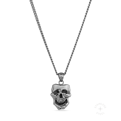 stainless steel pendant with double sided skull design inspired by comedy and tragedy masks