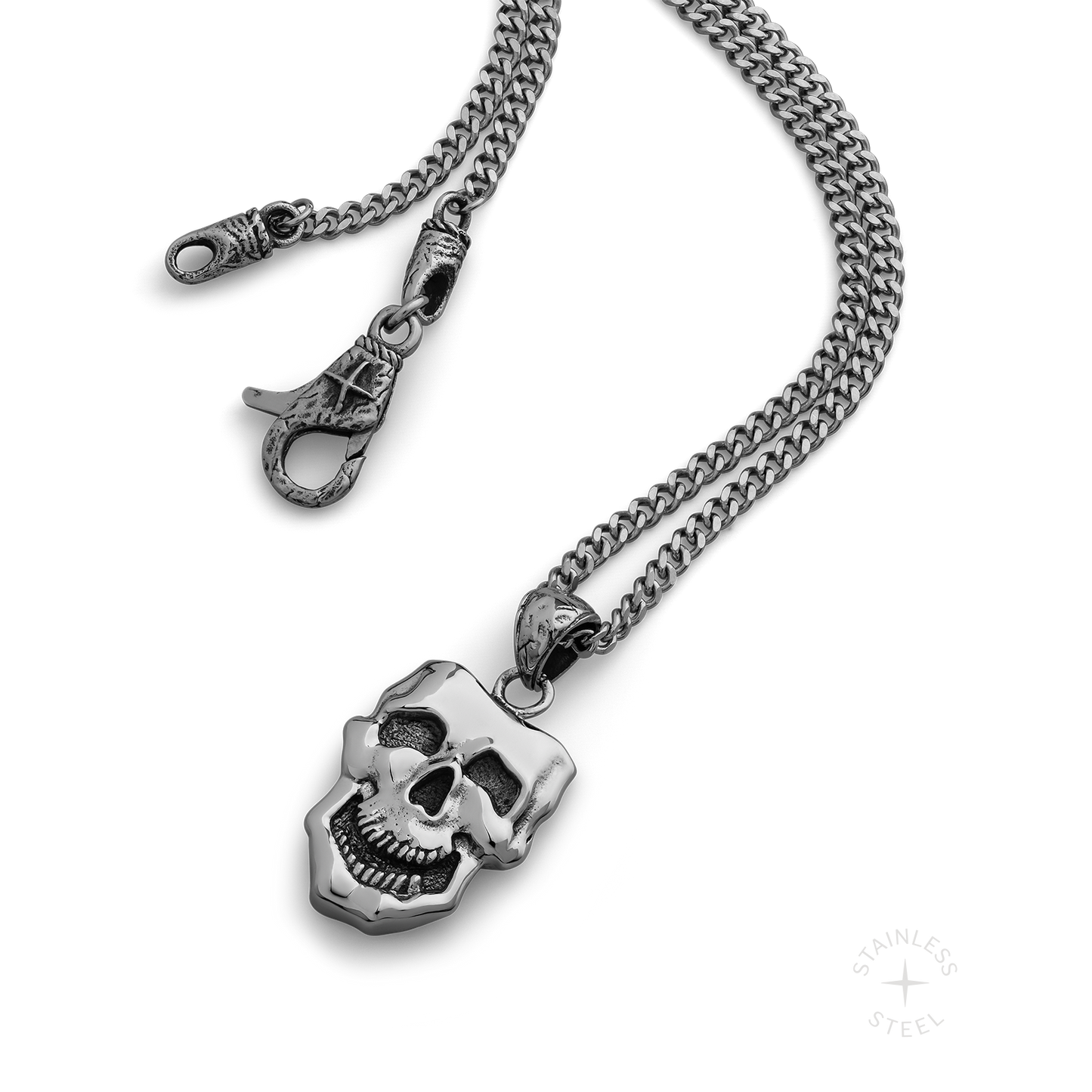 stainless steel pendant with double sided skull design inspired by comedy and tragedy masks