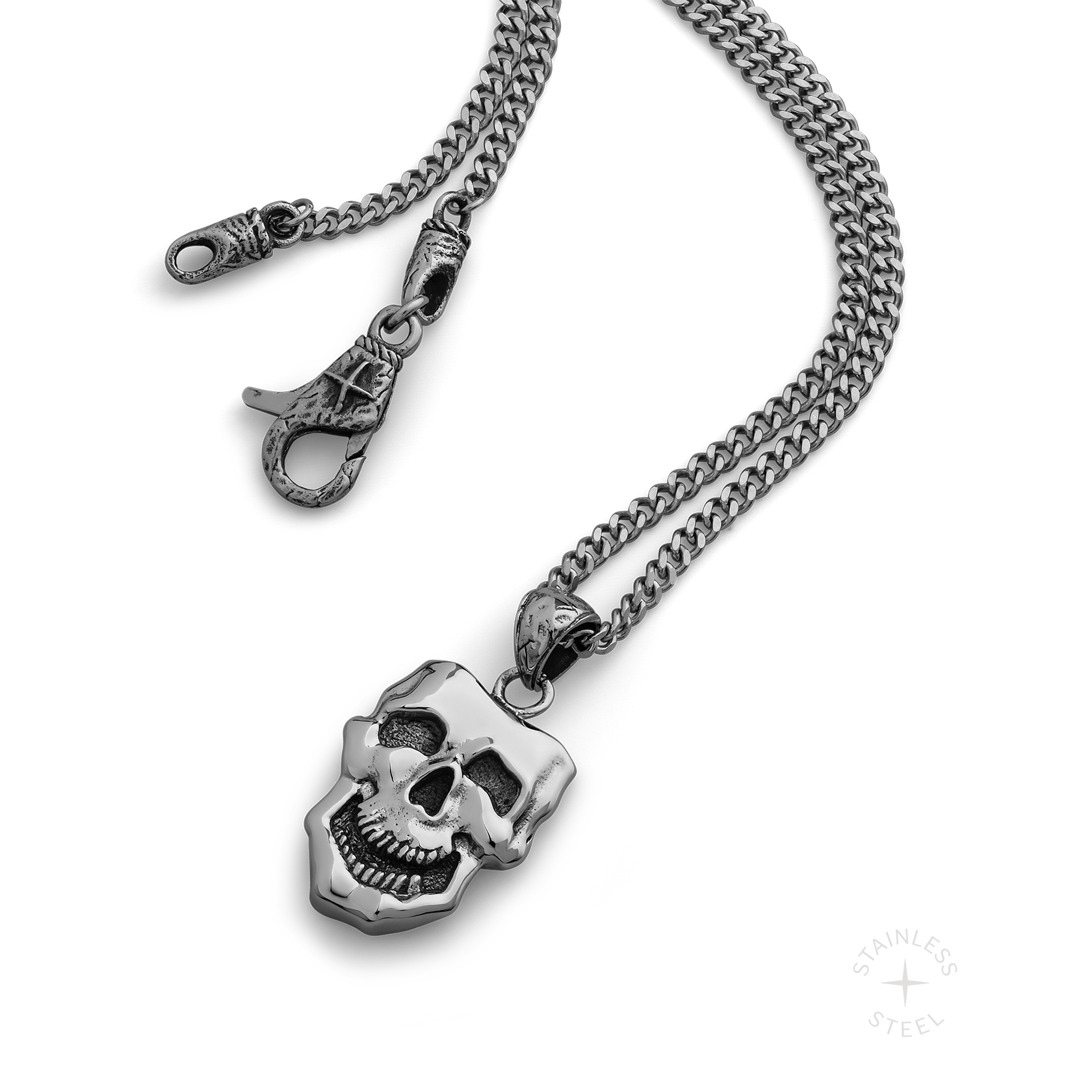 stainless steel pendant with double sided skull design inspired by comedy and tragedy masks
