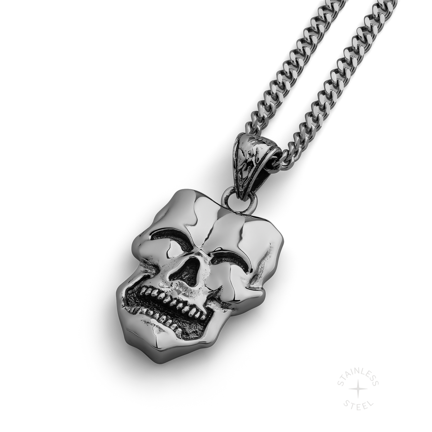 stainless steel pendant with double sided skull design inspired by comedy and tragedy masks