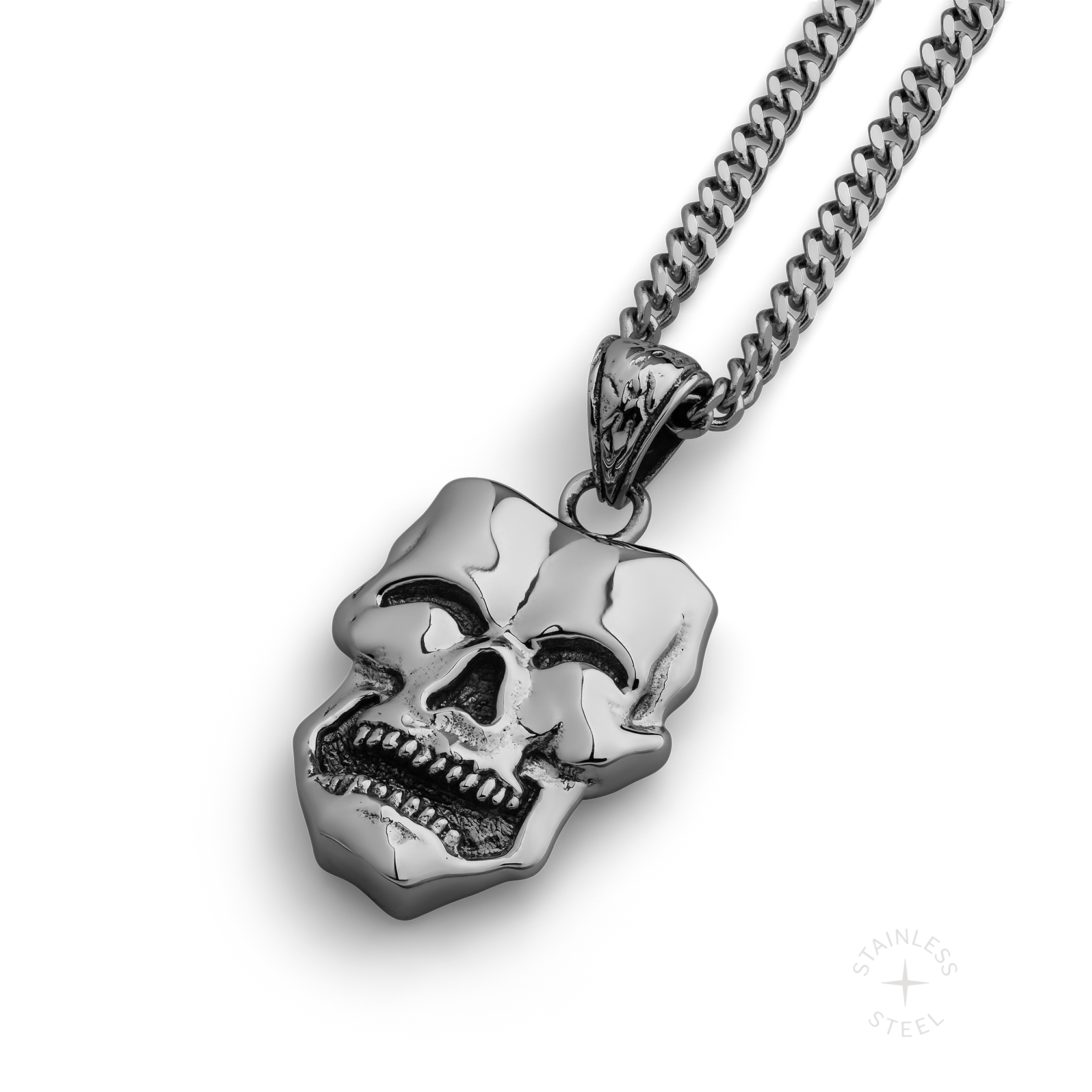 stainless steel pendant with double sided skull design inspired by comedy and tragedy masks