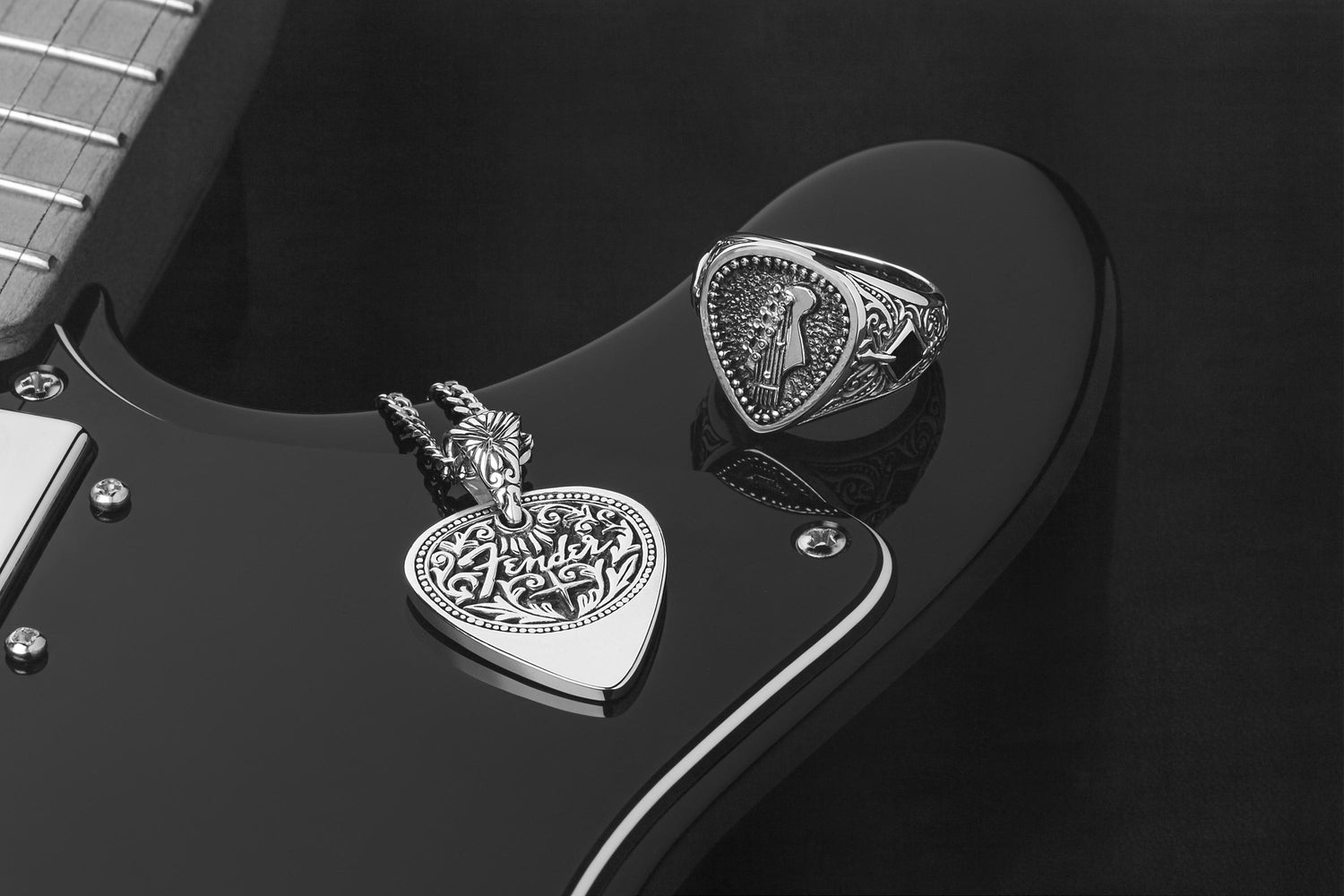 Fender Clocks and Colours Sterling Silver Ring Sterling Silver Pendant Collaboration Limited Edition on Black Fender Guitar