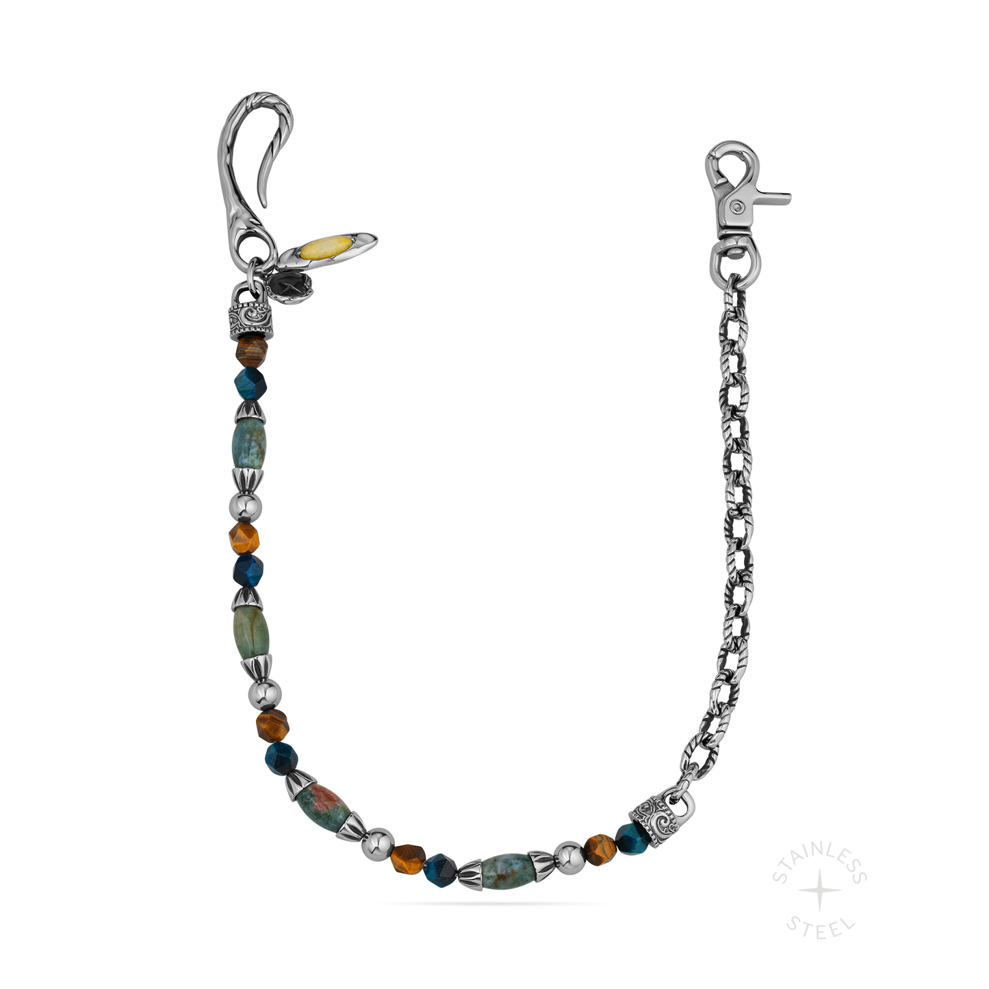 Stainless steel chain with mixed gemstone beads in brown, teal, and amber tones, featuring decorative metal accents and lobst