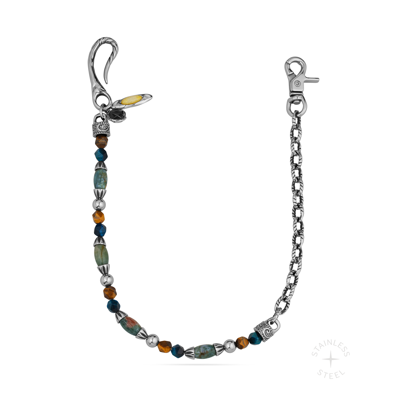 Stainless steel chain with mixed gemstone beads in brown, teal, and amber tones, featuring decorative metal accents and lobst