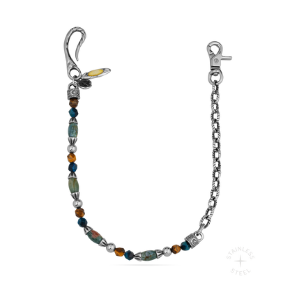 Stainless steel chain with mixed gemstone beads in brown, teal, and amber tones, featuring decorative metal accents and lobst