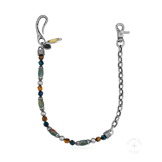 Stainless steel chain with mixed gemstone beads in brown, teal, and amber tones, featuring decorative metal accents and lobst
