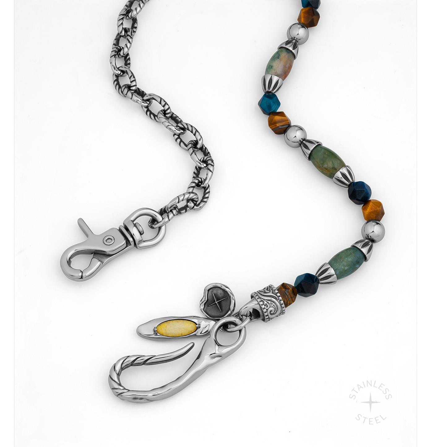 Silver-tone chain with ornate clasp and beaded strand featuring green stone, amber, and blue beads with decorative metal caps