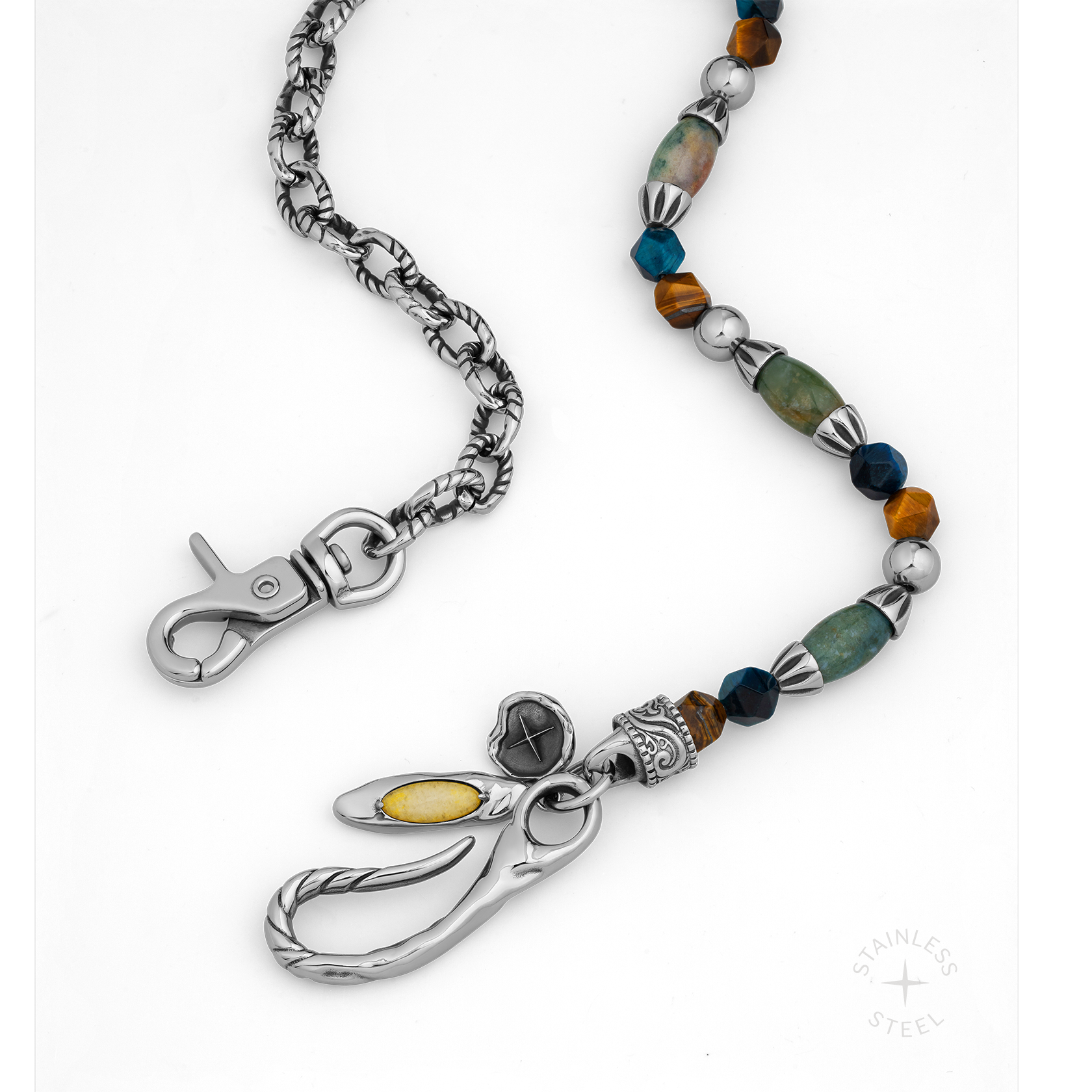 Silver-tone chain with ornate clasp and beaded strand featuring green stone, amber, and blue beads with decorative metal caps