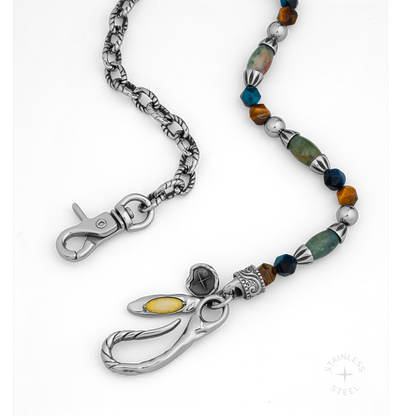 Silver-tone chain with ornate clasp and beaded strand featuring green stone, amber, and blue beads with decorative metal caps