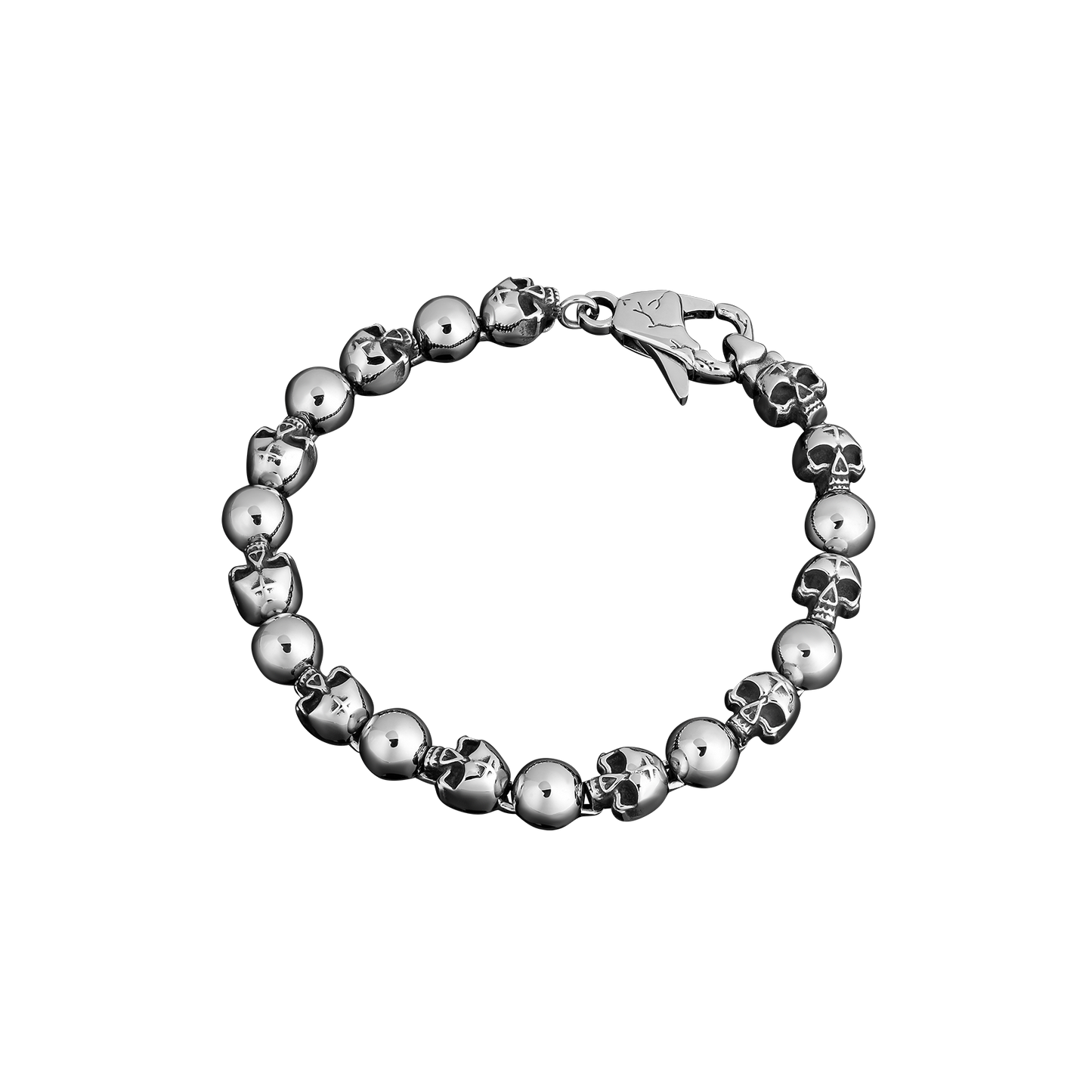 stainless steel bracelet with skull designs on a white background