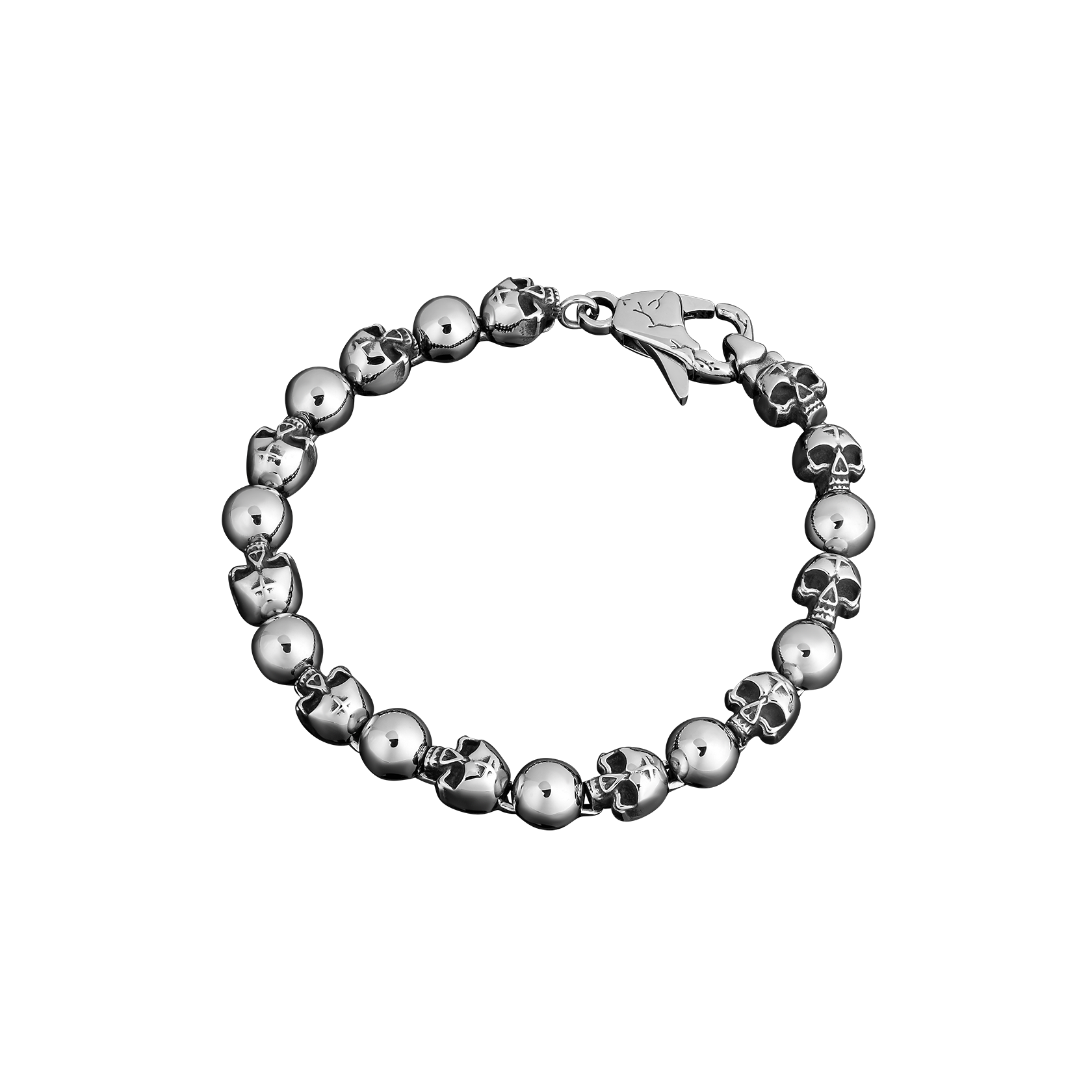 stainless steel bracelet with skull designs on a white background