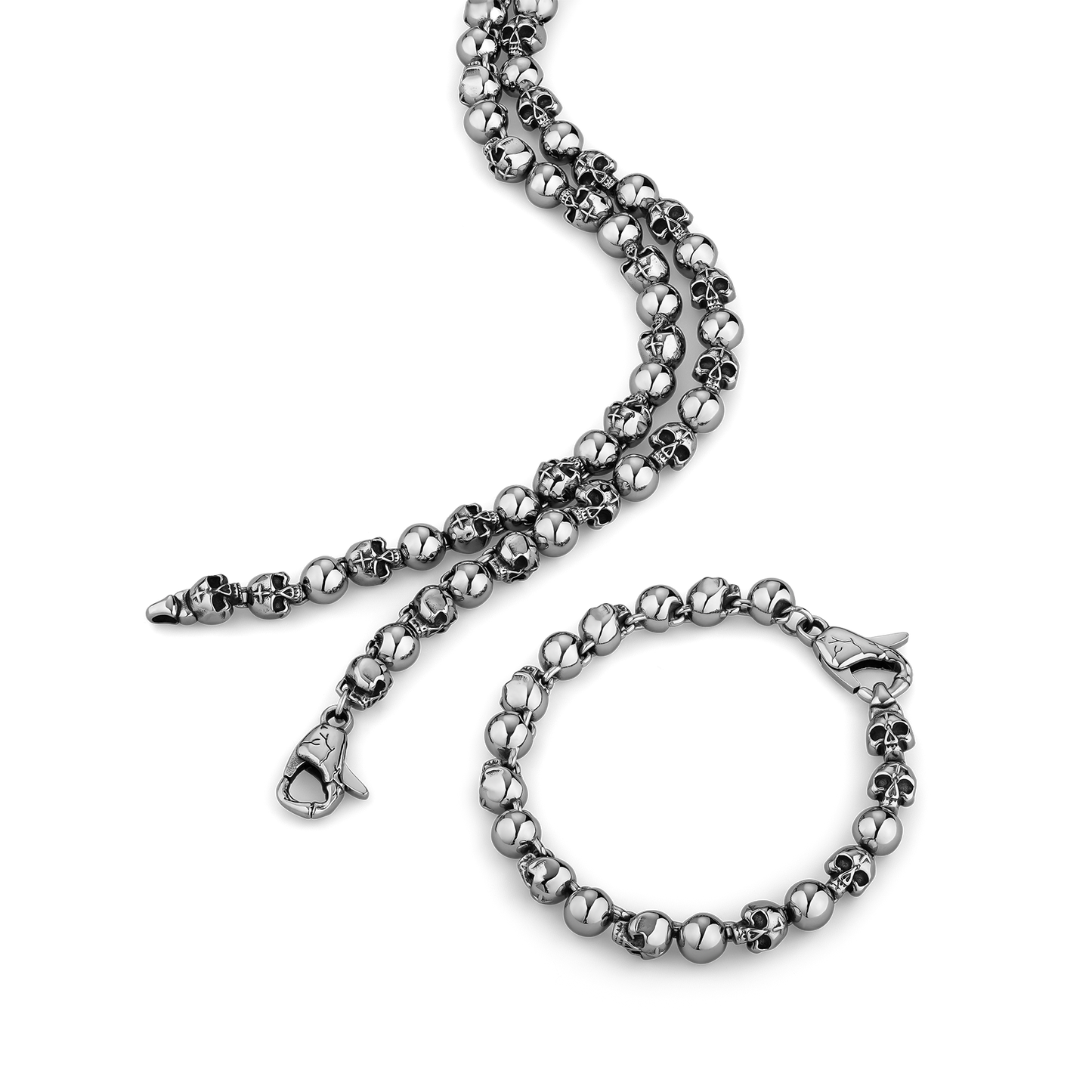 stainless steel beaded necklace and bracelet set on a white background