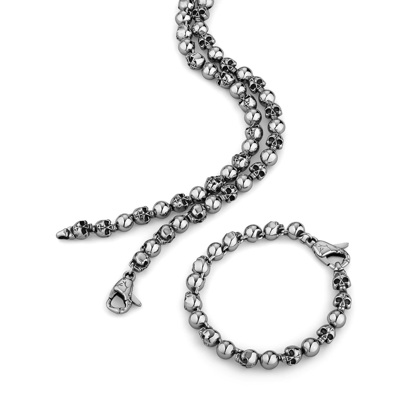 stainless steel beaded necklace and bracelet set on a white background