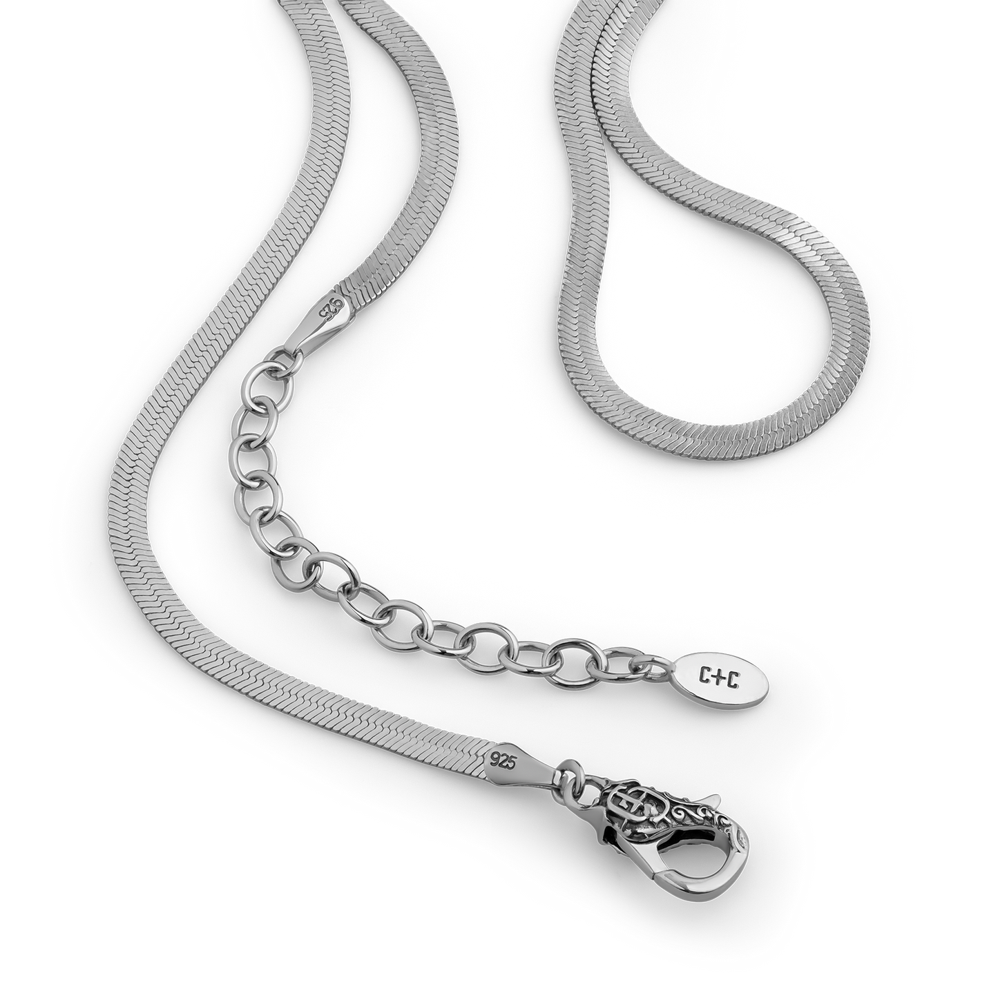 Silver herringbone chain necklace with lobster clasp and adjustable extension chain.