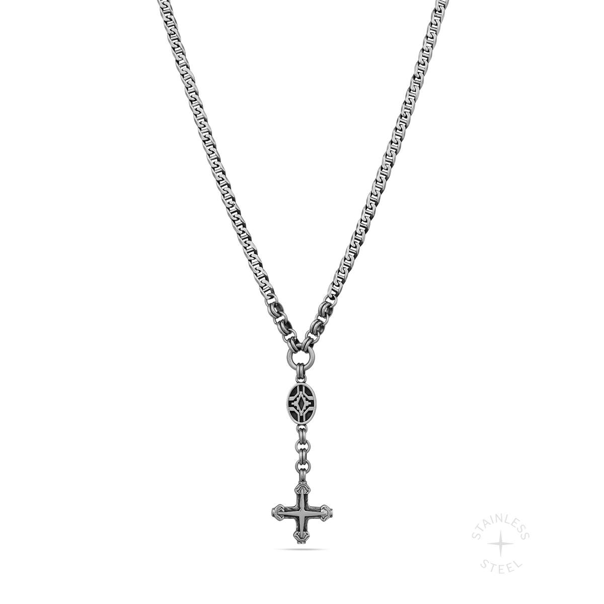 Silver-tone stainless steel necklace with decorative link chain and ornate cross pendant.