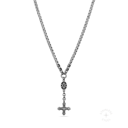 Silver-tone stainless steel necklace with decorative link chain and ornate cross pendant.