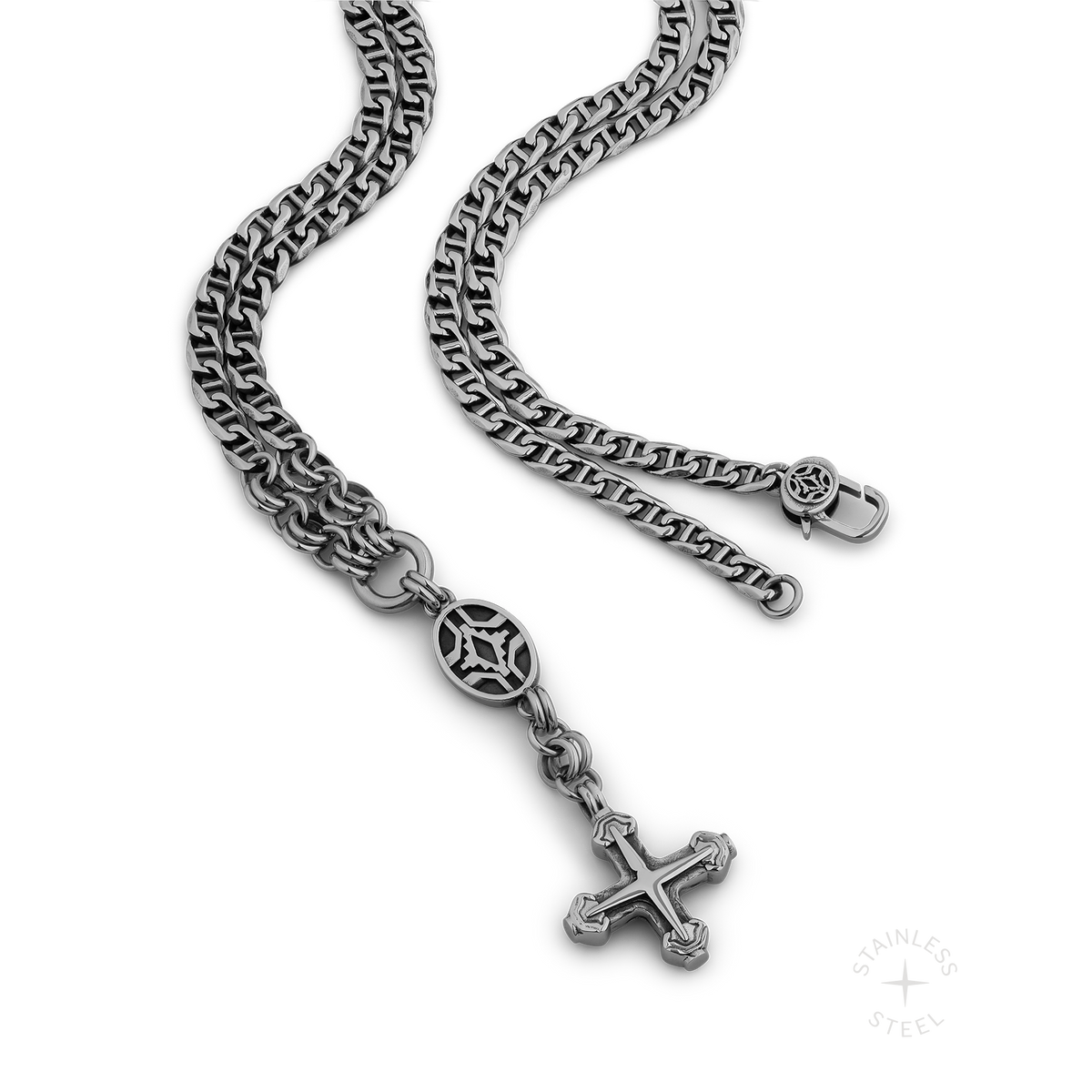 Two silver-toned stainless steel chains with geometric medallion and cross pendants.