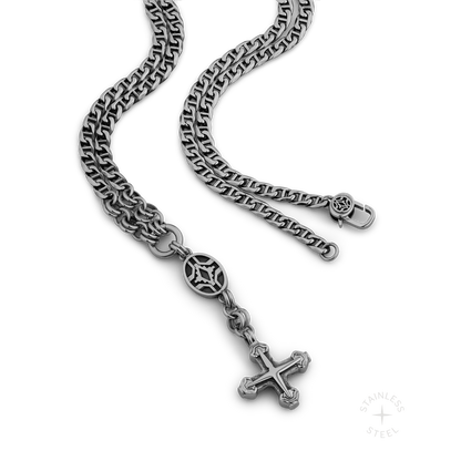 Two silver-toned stainless steel chains with geometric medallion and cross pendants.