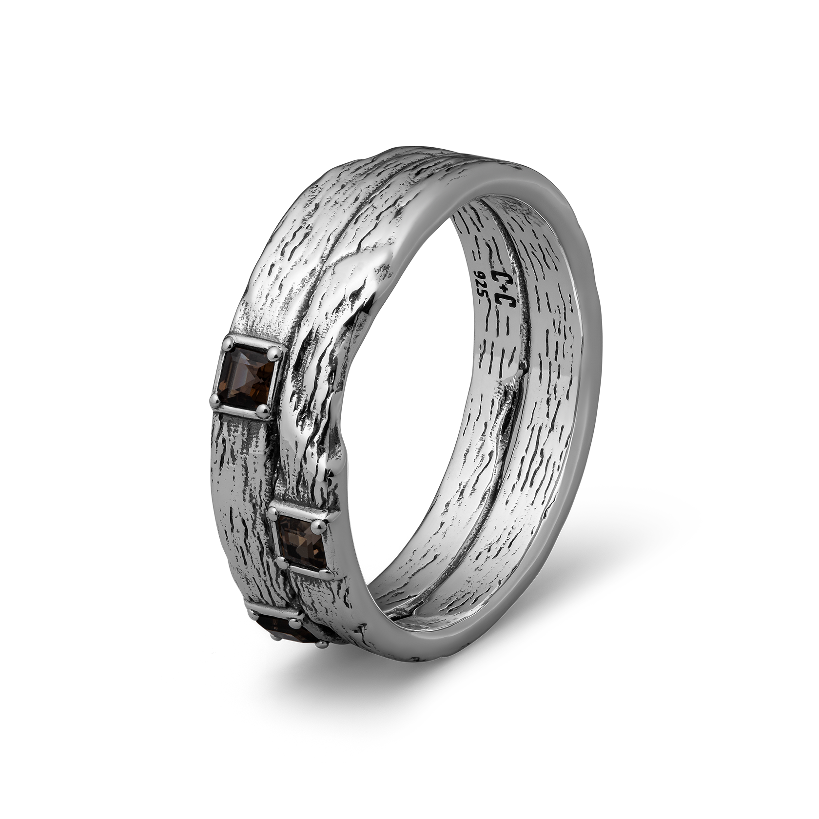 Sterling Silver and Smokey Quartz band ring for men