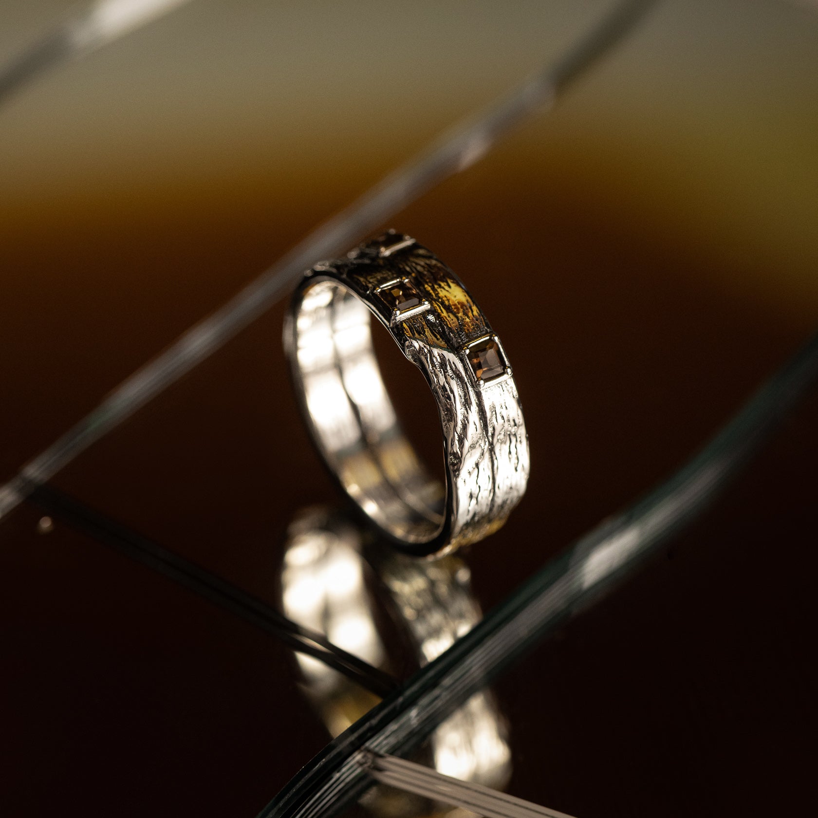 Sterling Silver and Smokey Quartz band ring for men