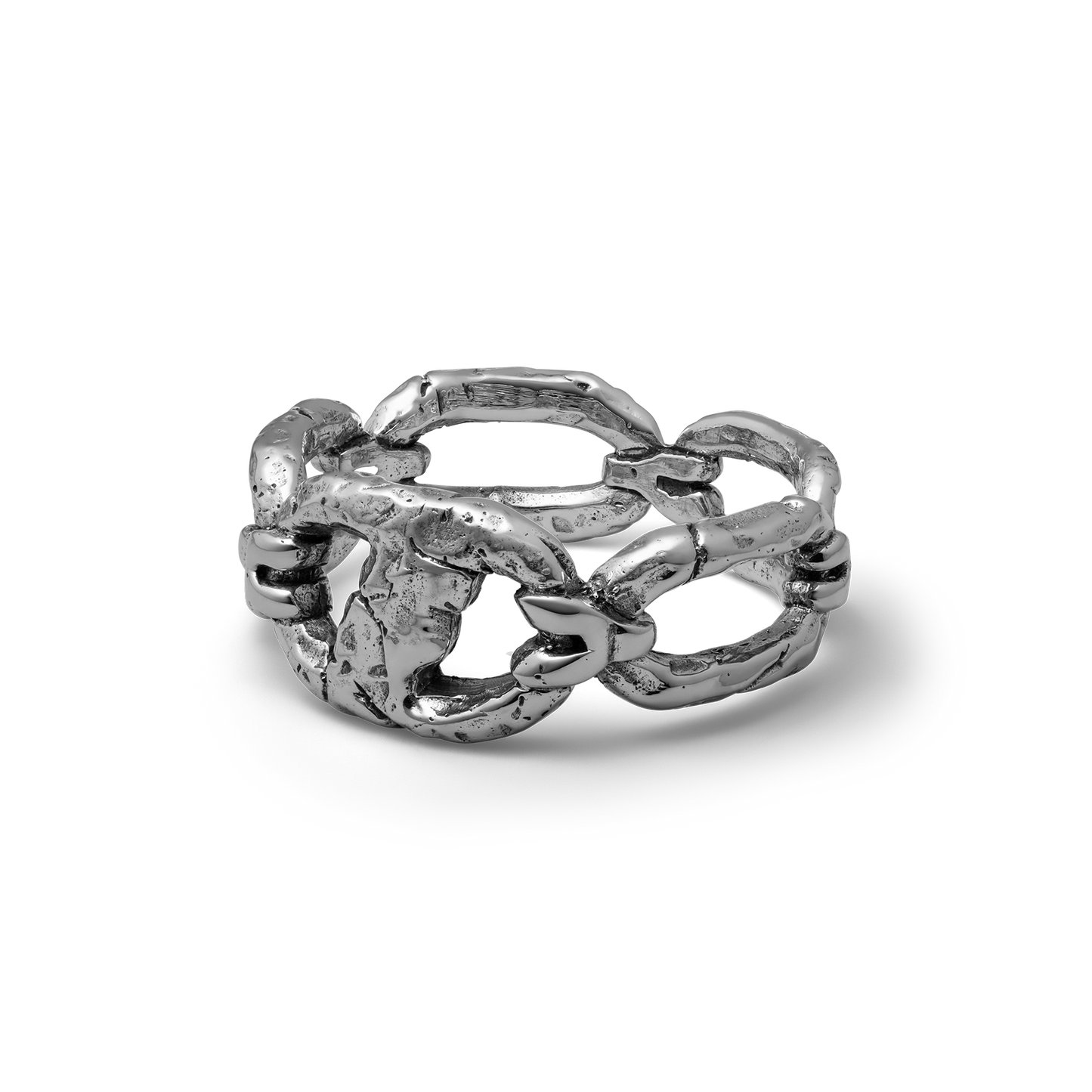 Iron bound sterling silver textured chain link band ring