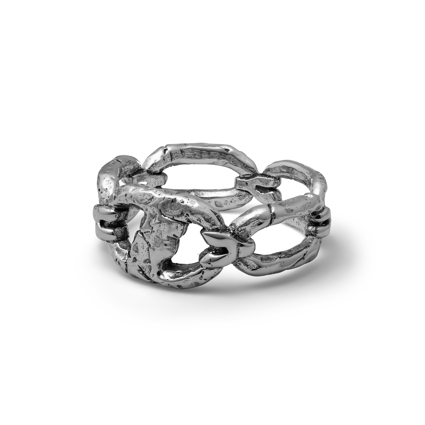 Iron bound sterling silver textured chain link band ring