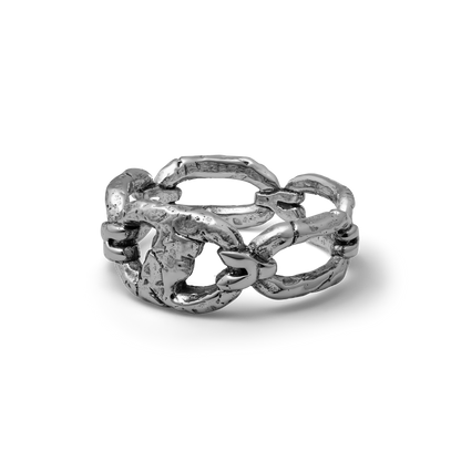 Iron bound sterling silver textured chain link band ring