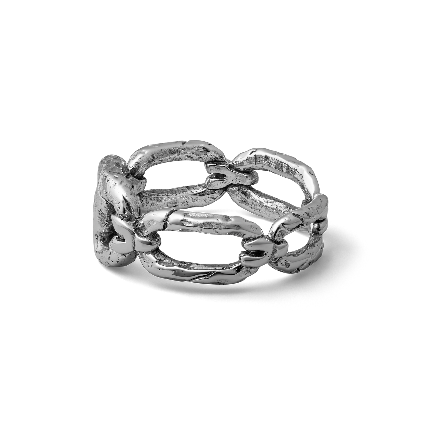 Iron bound sterling silver textured chain link band ring
