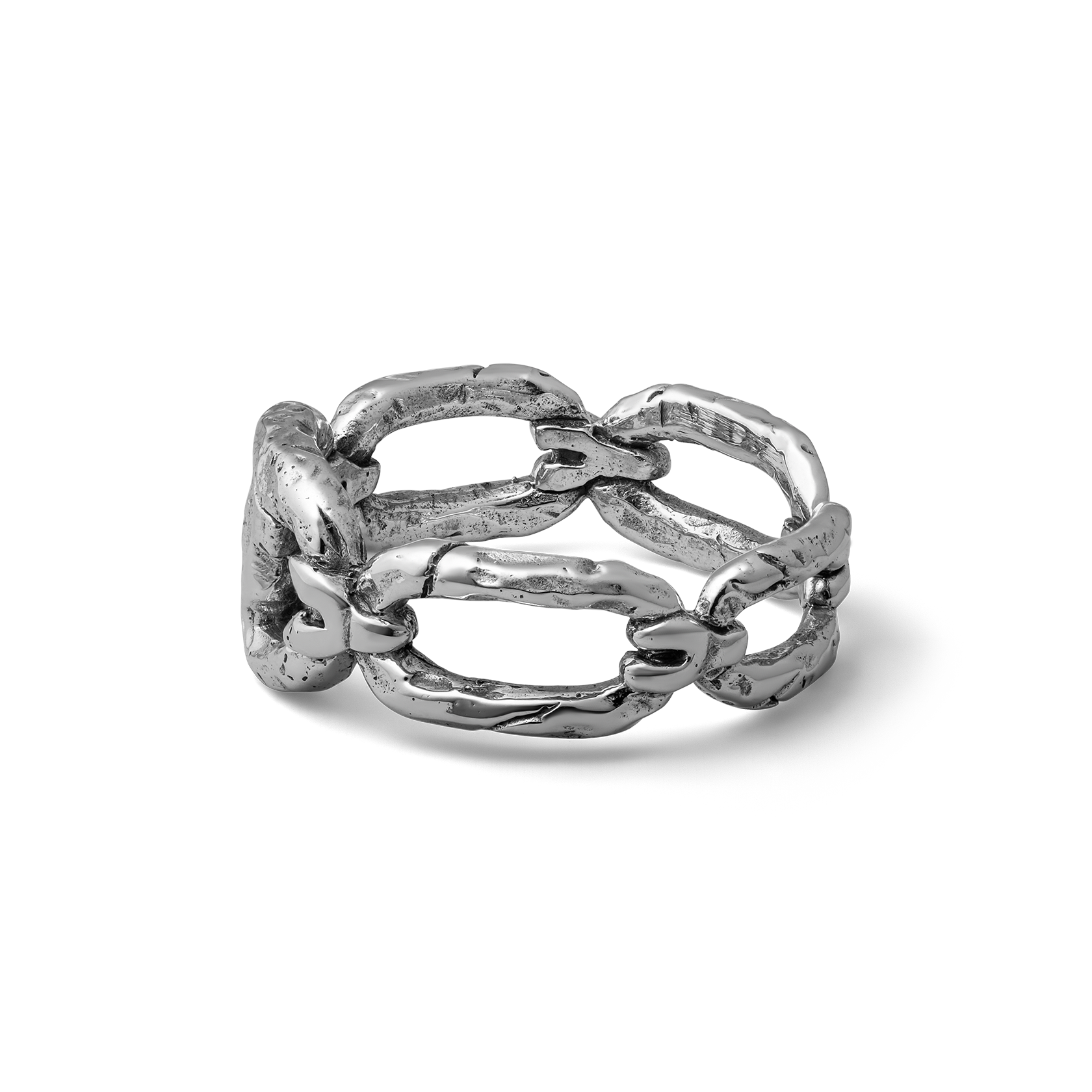 Iron bound sterling silver textured chain link band ring