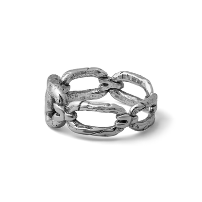 Iron bound sterling silver textured chain link band ring