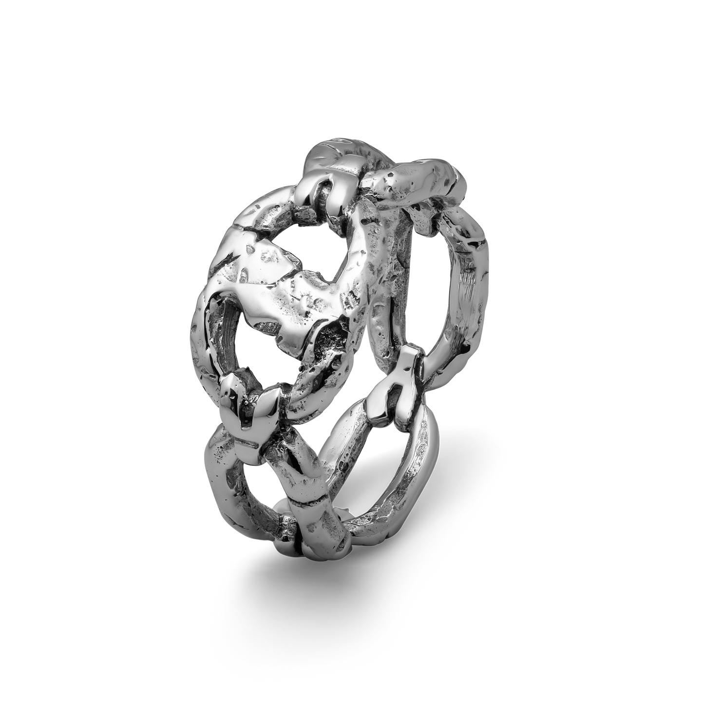 Iron bound sterling silver textured chain link band ring