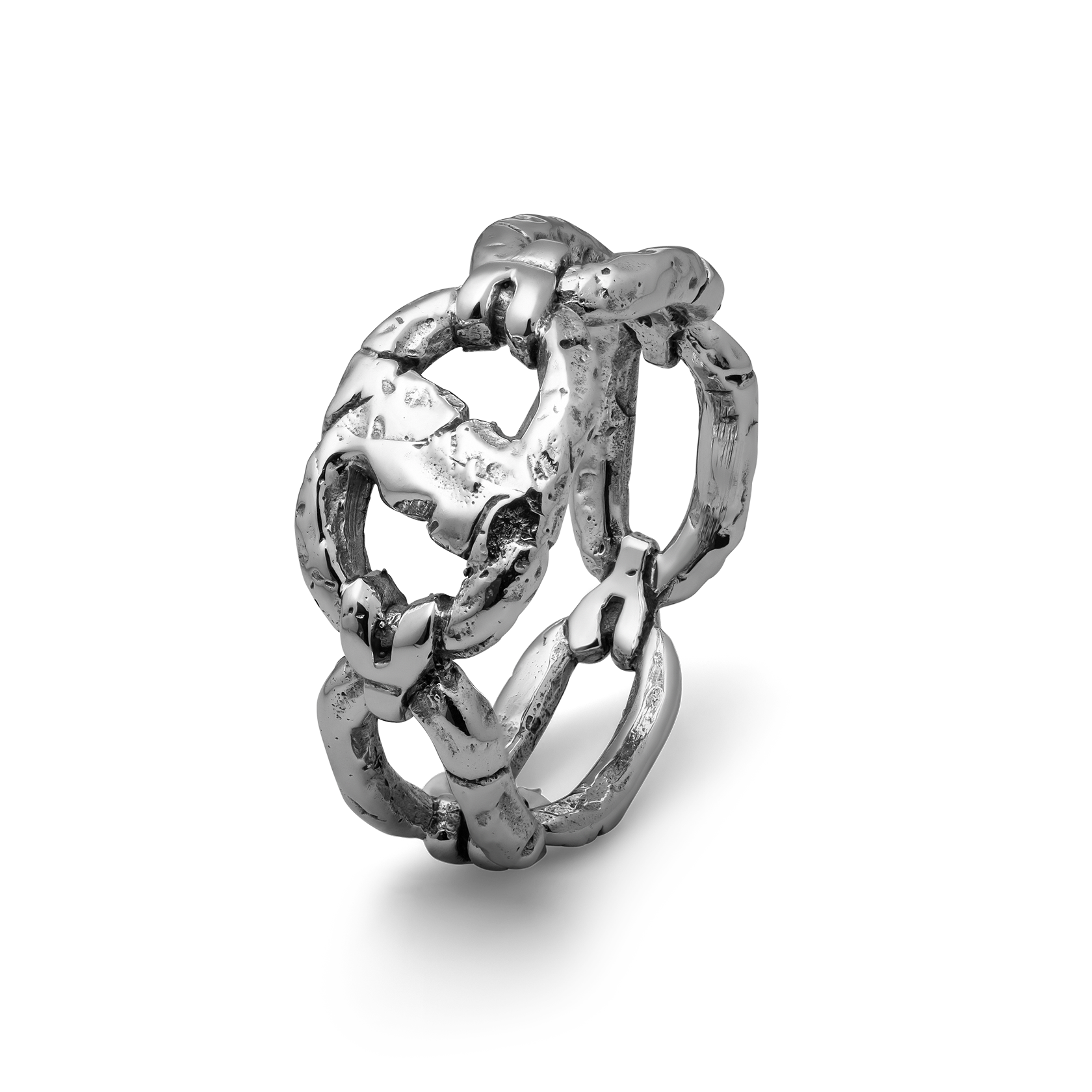 Iron bound sterling silver textured chain link band ring