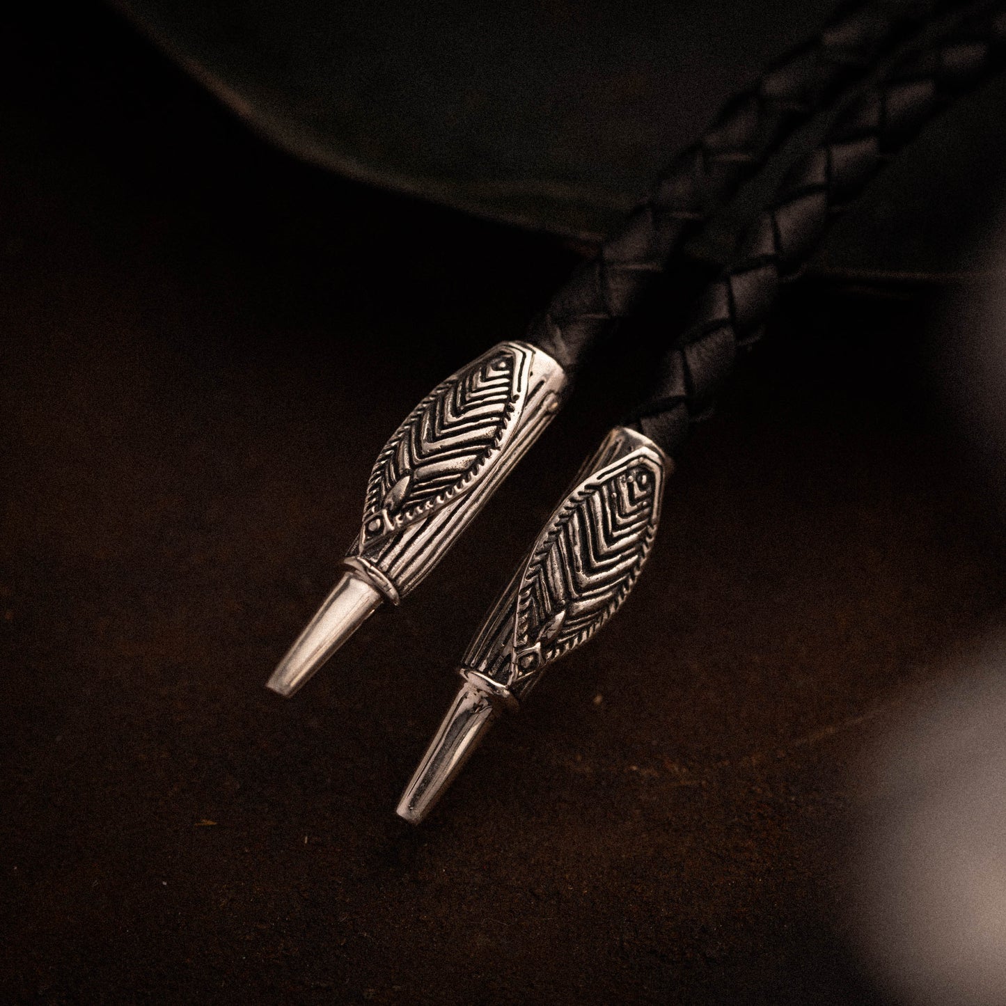 Raven Feather Sterling Silver and Italian Leather Bolo Tie with Raven Bird Wings