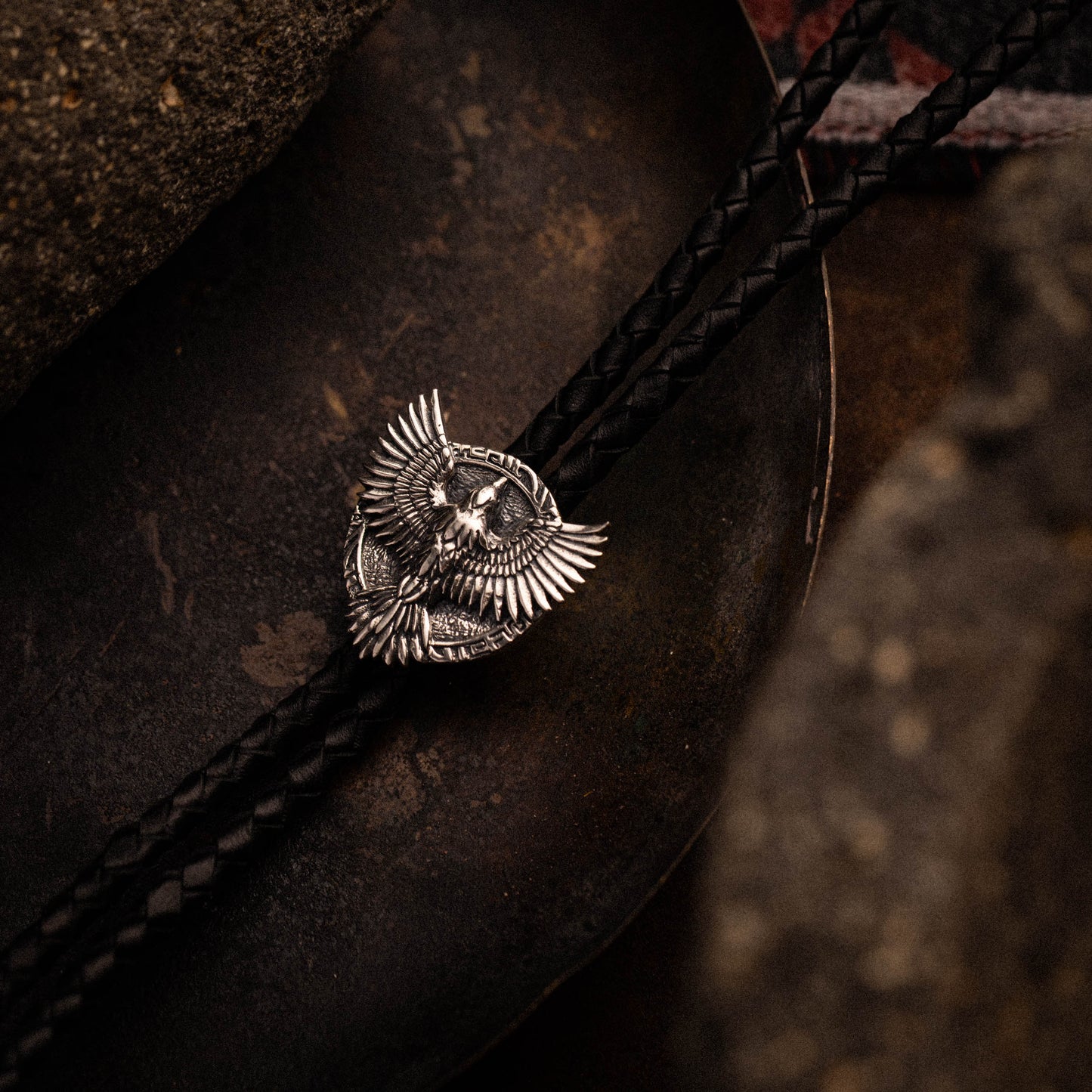 Raven Feather Sterling Silver and Italian Leather Bolo Tie with Raven Bird Wings